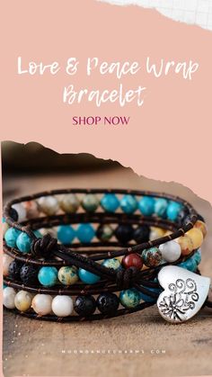 Love & Peace Wrap Bracelet. If you are the kind of person who loves good vintage jewelry, then our Love and Peace Beaded Leather Bracelet is for you! This stacking bracelet features lava stones and jasper beads. Lava is the oldest stone in the world. Moon Dance Charms offer handcrafted natural stone jewelry, unique boho vintage jewelry, artisan jewelry, and healing bracelets. Check our website for more>> Peace Bracelet, Moon Dance, Beaded Leather Bracelet, Boho Wrap Bracelet, Love And Peace, Beaded Wrap Bracelets, Natural Stone Jewelry, Beaded Wraps, Old Stone