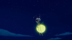 an animated character standing on top of a yellow ball in the night sky with stars