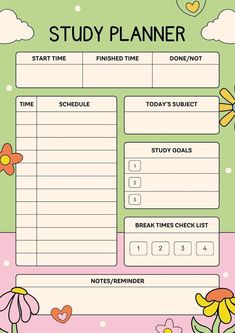 a printable study planner with flowers and hearts on the page, which is filled with notes