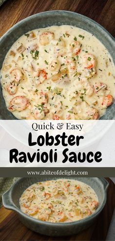 lobster ravioli sauce in a skillet with text overlay