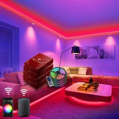 the living room is lit up with purple lighting and wifi connected to various devices