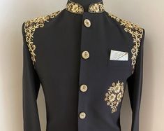 Black Golden Sherwani, Fitted Black Embroidered Sherwani, Black Fitted Embellished Sherwani, Black Semi-stitched Traditional Sherwani, Black Embroidered Semi-stitched Sherwani, Mens Sherwani, Raw Silk Fabric, Nehru Jackets, Groom Outfit