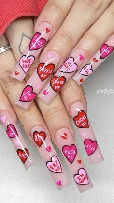 Valentines Day Long Acrylic Nails, Valentines Day Nail Inspiration, Valentines Day Long Nails, Long Nail Designs Valentines Day, Boujee Valentines Nails, Gel X Nail Designs Valentines, Valentines Nails Long Acrylic, Valentine Nail Ideas Acrylic Art Designs, Valentines Day Nails Square Long