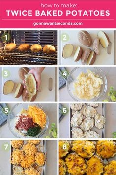 the steps to make twice baked potatoes are shown in this collage with images and text