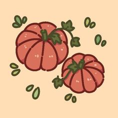 two red pumpkins with green leaves around them