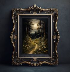 a painting hanging on the wall in front of a black wall with a gold frame