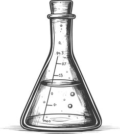 a glass flask filled with liquid on top of a white background, hand drawn