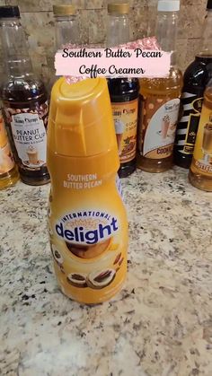 a bottle of coffee creamer sitting on top of a counter