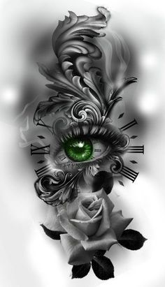 an eye with green eyes surrounded by roses