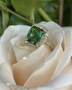 Yellow Gold Green Tourmaline and Diamond ring Tourmaline is AAA quality 4.33ct Reqtangular Radiant shape 8.15x9.10mm Diamond TWT 0.50 ct G color and SI clarity. Ring size: 6.5 Will size to your finger at no additional charge. Green Tourmaline Ring, Tourmaline Ring, Green Tourmaline, Tourmaline, Diamond Ring, Jewelry Rings, Ring Size, Wedding Rings, Yellow Gold