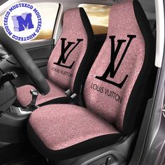 two pink and black car seats with louis vuitton logo on the front seat