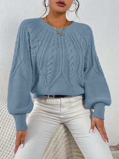 Cable Knit Lantern Sleeve Sweater,Long Sleeve Tops Baby Blue Casual  Long Sleeve Fabric Plain Pullovers Medium Stretch  Women Clothing, size features are:Bust: ,Length: ,Sleeve Length: Blue Pullover Outfit, Lantern Sleeve Sweater, Raglan Sleeve Sweater, Pullover Outfit, Winter Pullover, Blue Pullover, Chic Sweaters, Plus Size Sweaters, Outfit Casual