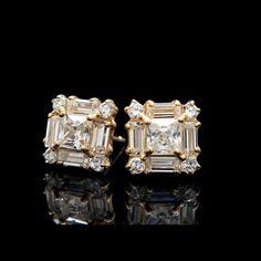 Elegant and stylish square cluster earrings with superb bright brilliant round, princess and baguette created diamonds totaling 1.00ct. These beautiful diamonds are set in heavy heavy basket cluster setting with secure butterfly fastenings, all crafted from solid 14K gold. Our created diamonds are synthetic simulants that feature brighter D color , FL / VVS1 clarity and ideal cut making them visually indistinguishable from natural diamonds that cost thousands of dollars. We only use high quality Gold For Women, Diamond Cluster Earrings, Asscher Cut Diamond, Island City, Asscher Cut, Long Island City, Wedding Jewelry Earrings, Green Diamond, Gold Stud