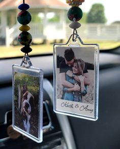 two pictures hanging from the side of a car with beaded necklaces on it