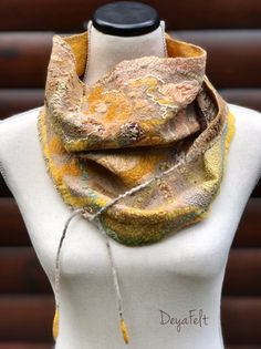 Nuno Felted abstract art neckerchief, triangular scarf, neck warmer.  Intuitive spontaneous felted creation with superfine merino, varied silks, viscose fibers.  Present for her. Stunning. Very lightweight and pretty warm. Absolutely OOAK, no copies available. Guaranteed quality product. Exclusively designed by DeyaFelt. Comes in a white silk pouch with detailed washing and care instructions. Very easy to care and wash. Please notice! Felted material has a dirt repellent, anti-soiling and anti-s Felt Scarf, Nuno Felt, Nuno Felt Scarf, Present For Her, Art Scarves, Scarf Neck, Joan Miro, Felt Material, Felted Scarves