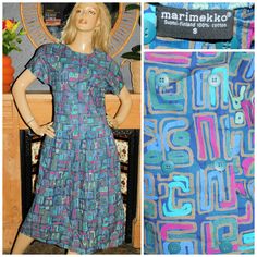 Original label - Marimekko Material - No label, feels like cotton...non stretch... Gorgeous Eighties/Nineties day dress in a multicoloured geometric print by Marimekko Straight (ish) fitting bodice with double breasted buttons Dropped waist Full skirt with concealed side pockets Unlined Vintage condition- Very good vintage condition  Approx UK size is a will fit a 10 or a small 12 (labelled a small) Bust 38" Waist 36" Hips 37" at dropped waist Length 47" INTERNATIONAL SIZE CHART UK 6 8 10 12 14 1980s Fashion, Day Dress, Drop Waist, Small Bust, Dress Clothes For Women, Geometric Print, Day Dresses, Dress Outfits, Womens Dresses