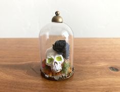 a skull under a glass dome with a black rose in it on a wooden table