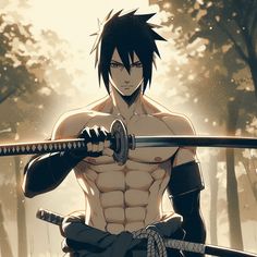 an anime character holding two swords in front of his chest and back with trees behind him