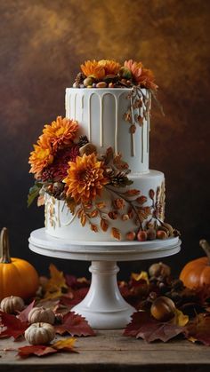 a three tiered cake decorated with fall leaves and flowers sits on a table surrounded by pumpkins