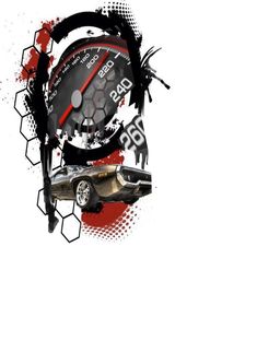 a clock with an abstract design on the front and back side is shown in red, black and white