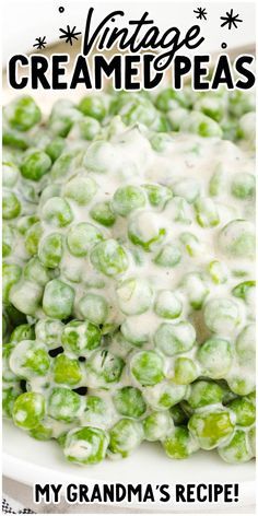 a white bowl filled with green peas covered in cream sauce and the words, vintage creme