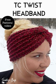 a woman wearing a red headband with text overlay that reads, free crochet twist headband