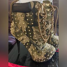 Alba Hightop Stiletto Studded Platform Boot 4.5in Heel. New,Never Worn, Size 8.5. Camo Trendy Spiked High Heels, Casual Spiked High Heels, Bond Paper Design, Platform Boots, Custom Clothes, Paper Design, High Tops, Bootie Boots, Ankle Boots