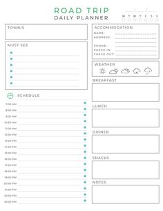 the road trip daily planner is shown in green and white, with lines on it