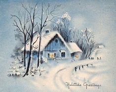 a painting of a house in the snow