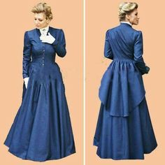 1860s London Fashion, Blue Long Sleeve Victorian Wedding Dress, Blue Long Sleeve Victorian Dress For Wedding, Formal Blue Victorian Dress, Blue Regency Style Victorian Costume Dress, Blue Victorian Dress For Costume Events, Blue Regency Style Victorian Dress, Blue Victorian Style Wedding Dress, Historical Blue Victorian Dress Costume