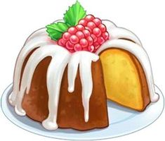 a bundt cake with white icing and raspberries on top