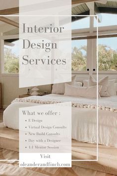 the interior design services flyer is displayed in white and beige colors with wood flooring