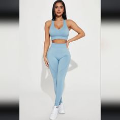 Fashion Nova Seamless Sports Bra And Leggings Set New With Tags Size L/Xl Blue Sleeveless Activewear With Seamless Construction, Blue High Stretch Seamless Sports Bra, Fitted Blue Sports Bra In Seamless Fabric, Fitted Blue Seamless Sports Bra, Fitted Blue Seamless Fabric Sports Bra, Blue Compressive Activewear With Seamless Construction, Compressive Blue Activewear With Seamless Construction, Blue High Stretch Seamless Leggings, High Stretch Seamless Blue Leggings