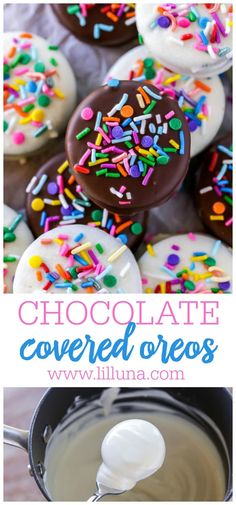 chocolate covered oreos with sprinkles and white frosting in a pan