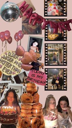 a collage of photos with balloons, cake and other items in the background that say happy birthday