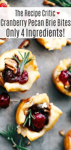 cranberry pecan brie bites with rosemary garnishes on top