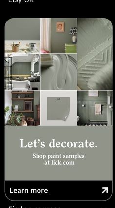 an advertisement for a furniture store with pictures and text on it that says, let's decorate shop paint samples at lick com