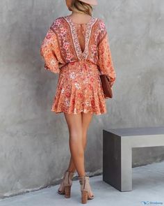 OrcaJump - Floral Print Dress with Batwing Sleeves and Open Back Printed Mini Dress For Beach In Fall, Casual Orange Long Sleeve Boho Dress, Floral Decoration, Dress Size Chart, Type A, Batwing Sleeve, Bat Wings, Olivia Mark, Floral Print Dress