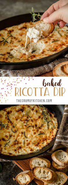 baked ricotta dip in a cast iron skillet with garlic bread on the side