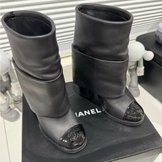 Chanel Black Leather Fold Over Boots Size 38. Excellent Condition. No Rips, Scratches Or Stains. Fold Over Boots, Shoes Chanel, Chanel Black, Chanel Shoes, Heel Boots, Fold Over, Shoes Heels Boots, Shoes Women Heels, Heeled Boots