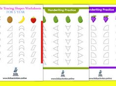 three printable worksheets for handwriting practice with fruits and numbers on the page