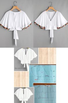 three different images of white blouses with pom poms