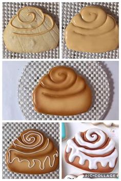 four different types of cookies with icing on them, and one has swirls in the middle