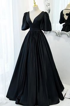 Black Satin Deep V-neckline Long Formal Dress, Black Evening Dress Pro – BeautyDressy Classy Black Prom Dress, Dress Pro, Classy Prom, Classy Prom Dresses, Evening Dresses With Sleeves, Black Prom Dress, Black Satin Dress, Vintage Silhouette, Black Prom