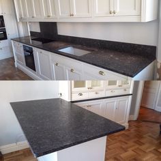 two pictures of a kitchen with white cabinets and black counter tops, one is empty