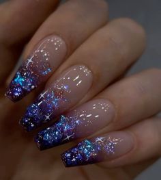 Cellophane Nails, Night Inspired Nails, Milky Way Nails, Nails Blue And Purple, Purple And Blue Nails, Cosmic Nails, Galaxy Nail Art, Witchy Nails, Purple Acrylic Nails