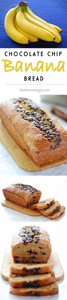 chocolate chip banana bread on a cutting board with bananas in the background and text overlay that reads chocolate chip banana bread