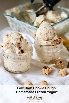 low carb cookie dough homemade frozen yogurt in glass jars with spoons