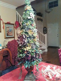 a decorated christmas tree sitting on top of a table