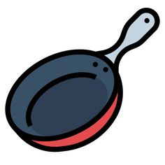 a black frying pan with a red bottom on a white background, cartoon style